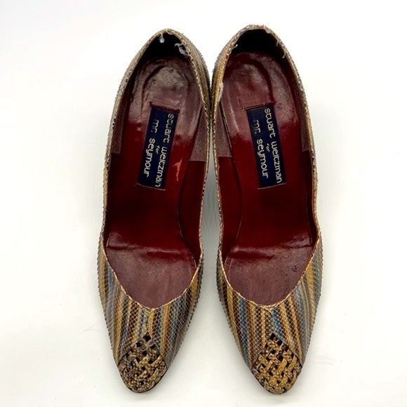 Stuart Weitzman - Vintage Leather Brown & Blue Snakeskin Leather Heels Size 8.5 - Picture 2 of 16